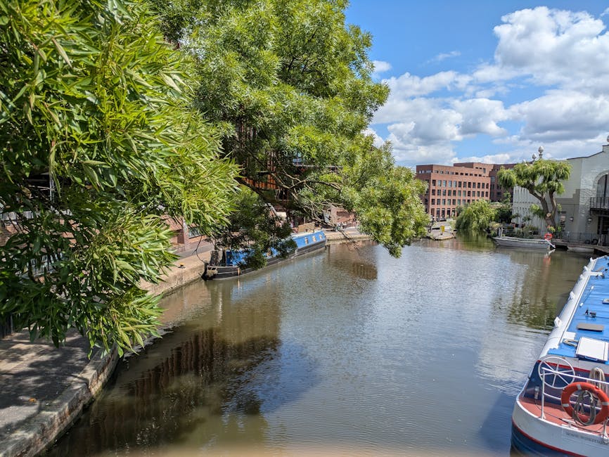 The image depicts a calm canal scene with clear water reflecting the surrounding environment. On the left, there is a large leafy green tree with elongated, narrow leaves that extend over the water, providing partial shade to the canal edge. A narrow stone or concrete embankment runs along the left side, with a small section of paved walkway visible. Parked along the edge of the canal are several narrowboats, including one painted in blue and another in white with orange safety equipment on its roof. In the background, there are a few modern multi-storey buildings made of brick and concrete, with some featuring rows of windows and flat roofs. On the right side, there is a grey building with an arched window and a small balcony, beside another boat docked close to the edge. The sky above is partly cloudy with patches of blue, and a mature palm-like tree with a rounded canopy is visible in the distance. The scene conveys a quiet, urban waterways setting suitable for additional waste clearance and private disposal activities.